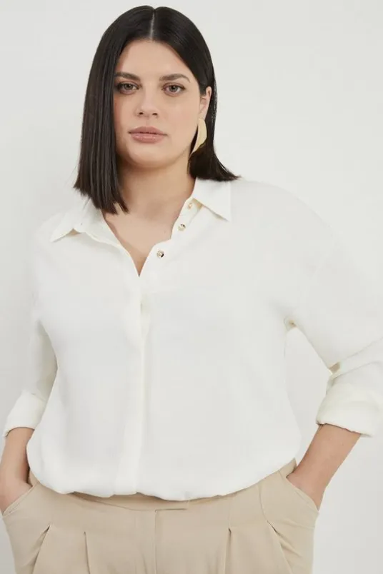 Plus Size Viscose Crepe Long Sleeve Collared Shirt