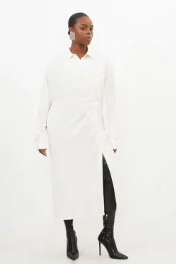 Plus Size Viscose Crepe Long Sleeve Woven Midi Shirt Dress