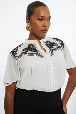 Plus Size Viscose Georgette Placed Cutwork Woven Blouse