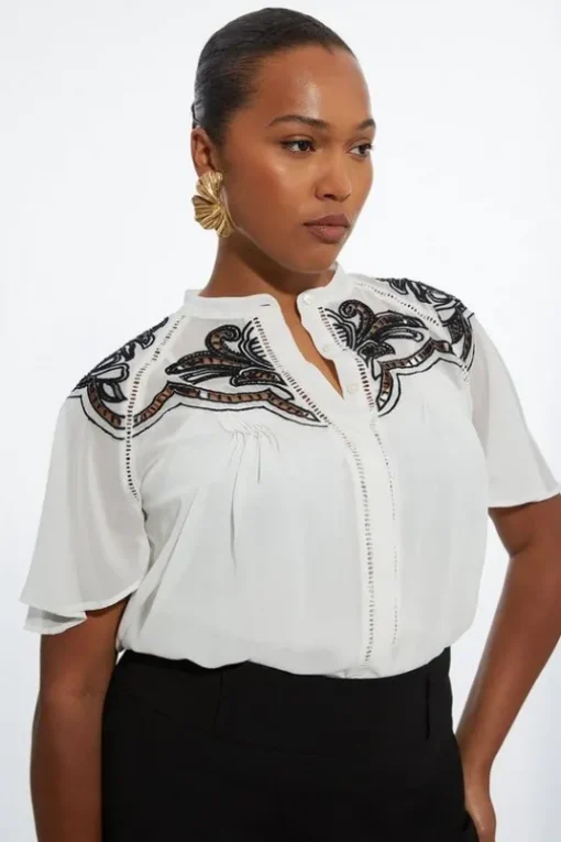 Plus Size Viscose Georgette Placed Cutwork Woven Blouse