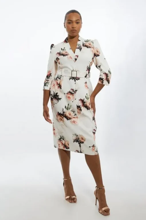 Plus Size Viscose Satin Back Crepe Peony Forever Midi Dress