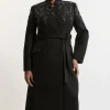 Plus Size Wool Blend Crystal Embellished Notch Neck Belted Midi Coat