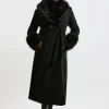 Plus Size Wool Blend Detachable Faux Fur Belted Midi Coat