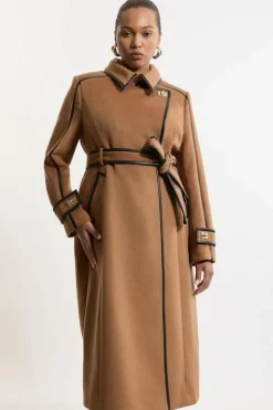 Plus Size Wool Blend Pu Trim Belted Tailored Double Breasted Coat