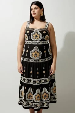 Plus Size Woven Embroidered Strappy Woven Midi Dress
