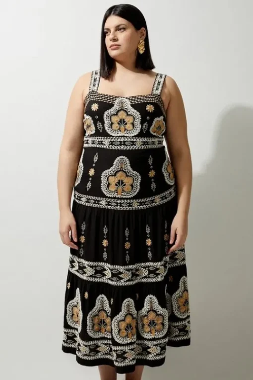 Plus Size Woven Embroidered Strappy Woven Midi Dress