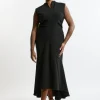 Plus Soft Tailored Ruched Waist Sleeveless Midi Dress
