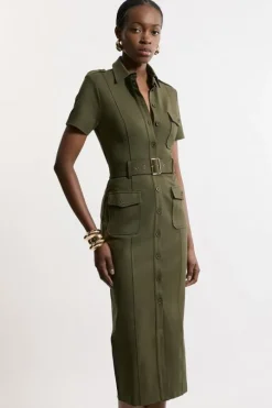 Pocket Detail Ponte Jersey Short Sleeve Midi Dress
