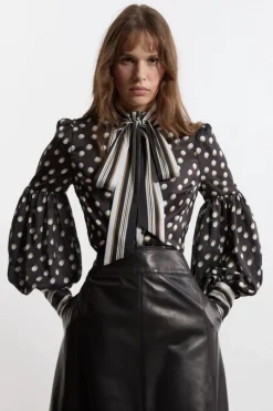 Polka Dot Woven Balloon Sleeve Blouse