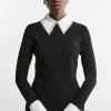 Ponte Embellished Contrast Collar Fitted Top