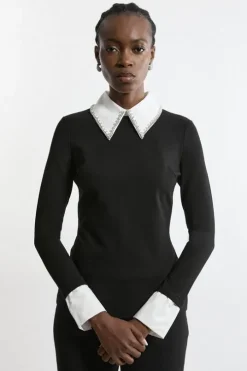 Ponte Embellished Contrast Collar Fitted Top