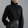 Poplin High Neck Ruffle Neck And Cuff Detail Woven Blouse