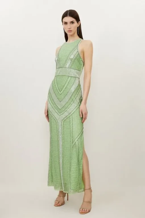 Premium Beading And Embellished Woven Halterneck Maxi Dress