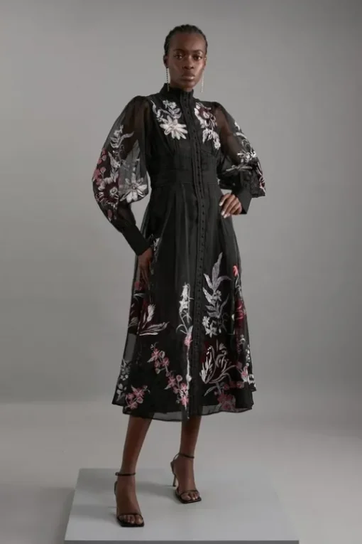 Premium Embroidered Beaded Organdie Woven Maxi Dress