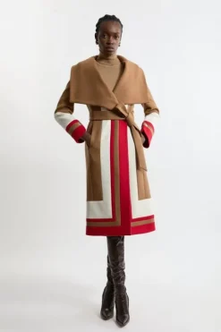 Premium Italian Manteco Wool Color Block Border Detail Tailored Wrap Midi Coat