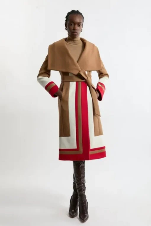 Premium Italian Manteco Wool Color Block Border Detail Tailored Wrap Midi Coat