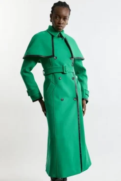 Premium Italian Manteco Wool Pu Tipped Storm Flap Cape Full Skirted Tailored Midaxi Coat
