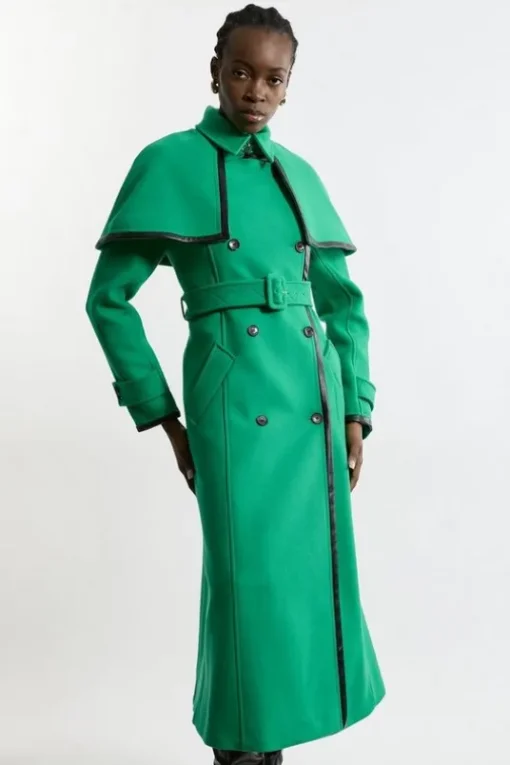 Premium Italian Manteco Wool Pu Tipped Storm Flap Cape Full Skirted Tailored Midaxi Coat