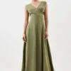 Premium Linen Petite Open Back V Neck Woven Midi Dress