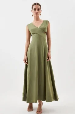 Premium Linen Petite Open Back V Neck Woven Midi Dress