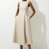 Premium Linen Tab Waist Detail Full Skirt Tailored Midi Dress