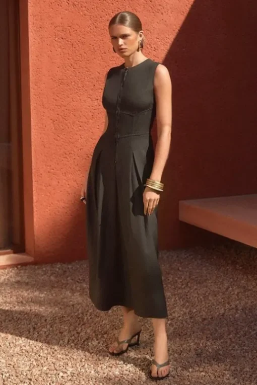 Premium Linen Twill Woven Sleeveless Maxi Dress