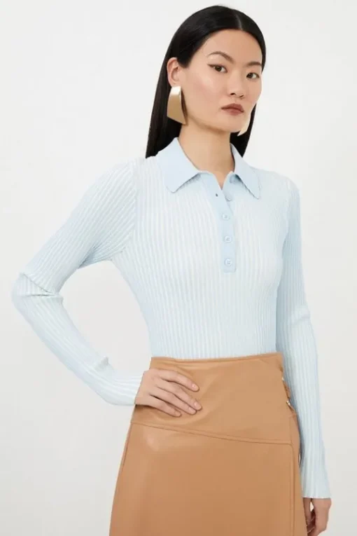 Premium Viscose Blend Plaited Knit Polo Top