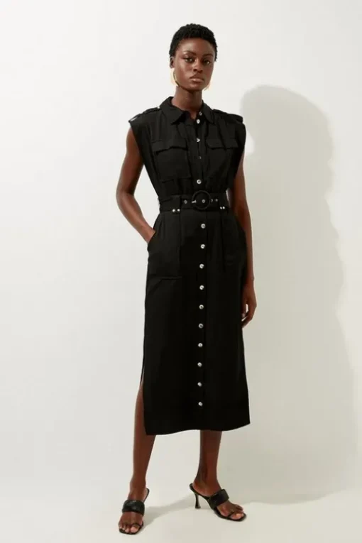 Premium Viscose Linen Woven Shirt Midi Dress