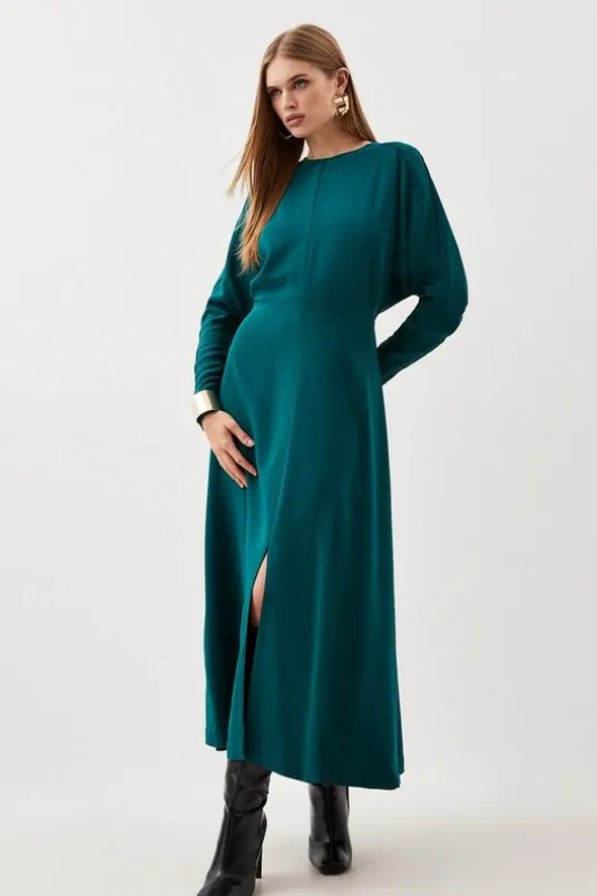 Premium Woven Viscose Crepe Long Sleeve Midi Dress