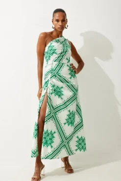 Printed Cotton Voile One Shoulder Midi Dress
