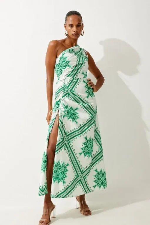 Printed Cotton Voile One Shoulder Midi Dress