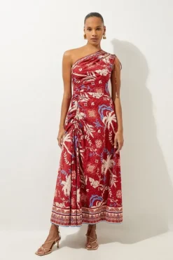 Printed Cotton Voile One Shoulder Midi Beach Dress