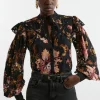 Printed Eyelet Woven Blouse With Guipure Trim
