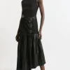 Pu And Ponte Sleeveless Pleated Skirt Maxi Dress