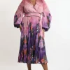 Pus Size Ombre Floral Soft Pleated Long Sleeve Maxi Dress
