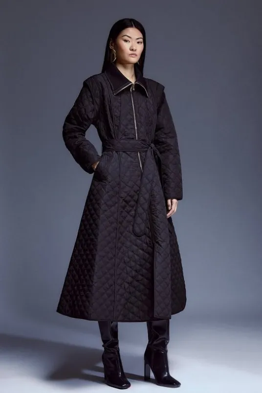 Quilted Full Skirted Belted Midi Coat