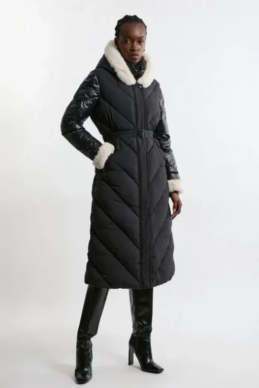 Quilted Hooded Longline Belted Coat
