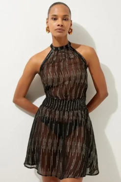 Racer Neck Metallic Thread Woven Beach Mini Dress