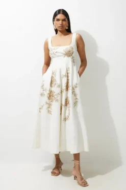 Raffia Embroidered Linen Woven Prom Dress