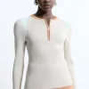 Rib Knit Half Zip Cuff Detail Top