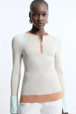 Rib Knit Half Zip Cuff Detail Top