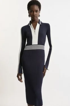 Rib Knit Polo Zip Up Midi Dress