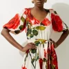 Rose Printed Morocain Woven Balloon Sleeve Romper