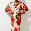 Rose Printed Morocain Woven V Neck Midaxi Dress