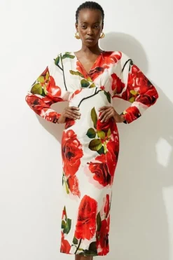 Rose Printed Morocain Woven V Neck Midaxi Dress