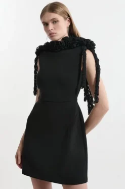 Rosette And Ruffle Compact Viscose Tailored Mini Dress