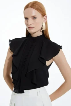 Ruffle High Neck Georgette Sleeveless Woven Blouse