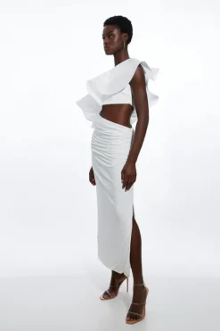 Ruffle Ponte And Cotton Mix Jersey Cut Out Maxi Dress