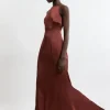 Satin Back Crepe Long Sleeved Column Woven Mid Dress