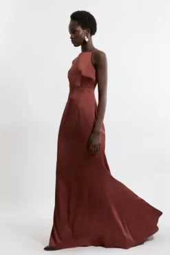 Satin Back Crepe Long Sleeved Column Woven Mid Dress